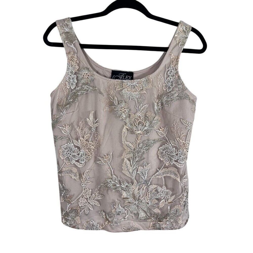 Alex Evening‎ Top Women S Tan Floral Tank Embroidery Boho Western Y2K 80s Retro